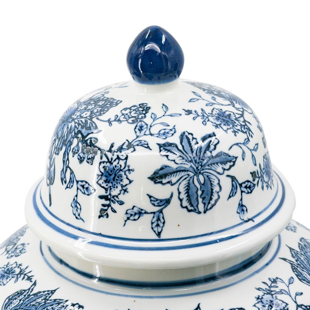 Brady Ginger Jar with Dome Lid, Floral Pattern Blue-White Porcelain 23 Inch - BM350908