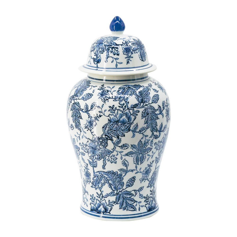 Brady Ginger Jar with Dome Lid, Floral Pattern Blue-White Porcelain 18 Inch - BM350909