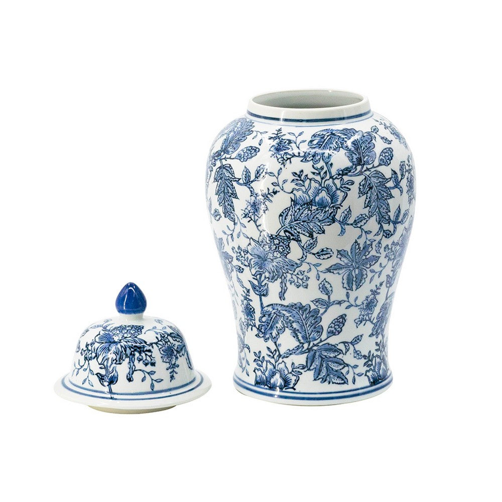 Brady Ginger Jar with Dome Lid, Floral Pattern Blue-White Porcelain 18 Inch - BM350909