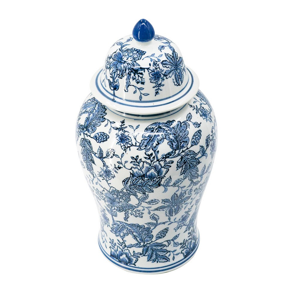 Brady Ginger Jar with Dome Lid, Floral Pattern Blue-White Porcelain 18 Inch - BM350909