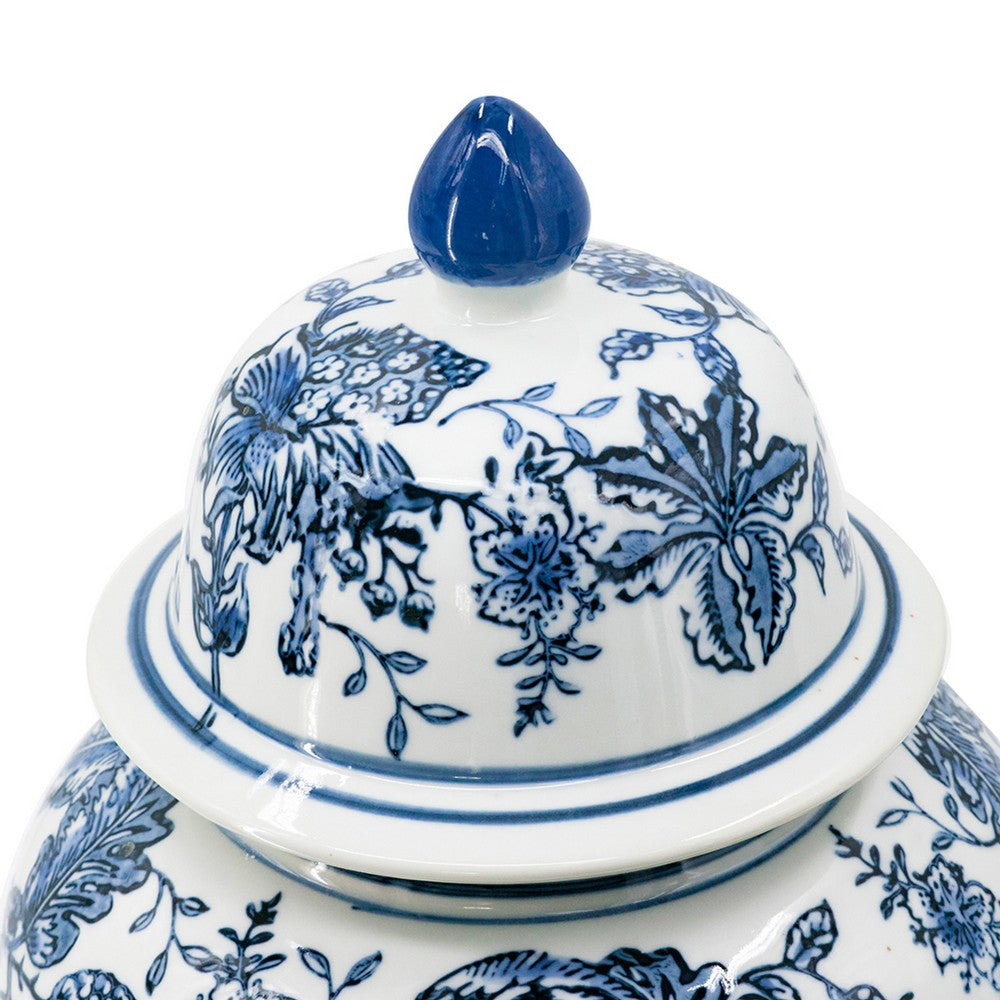 Brady Ginger Jar with Dome Lid, Floral Pattern Blue-White Porcelain 18 Inch - BM350909
