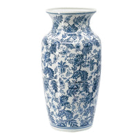 Macy Wide Decorative Vase, Traditional Floral Blue White Porcelain 12 Inch - BM350911
