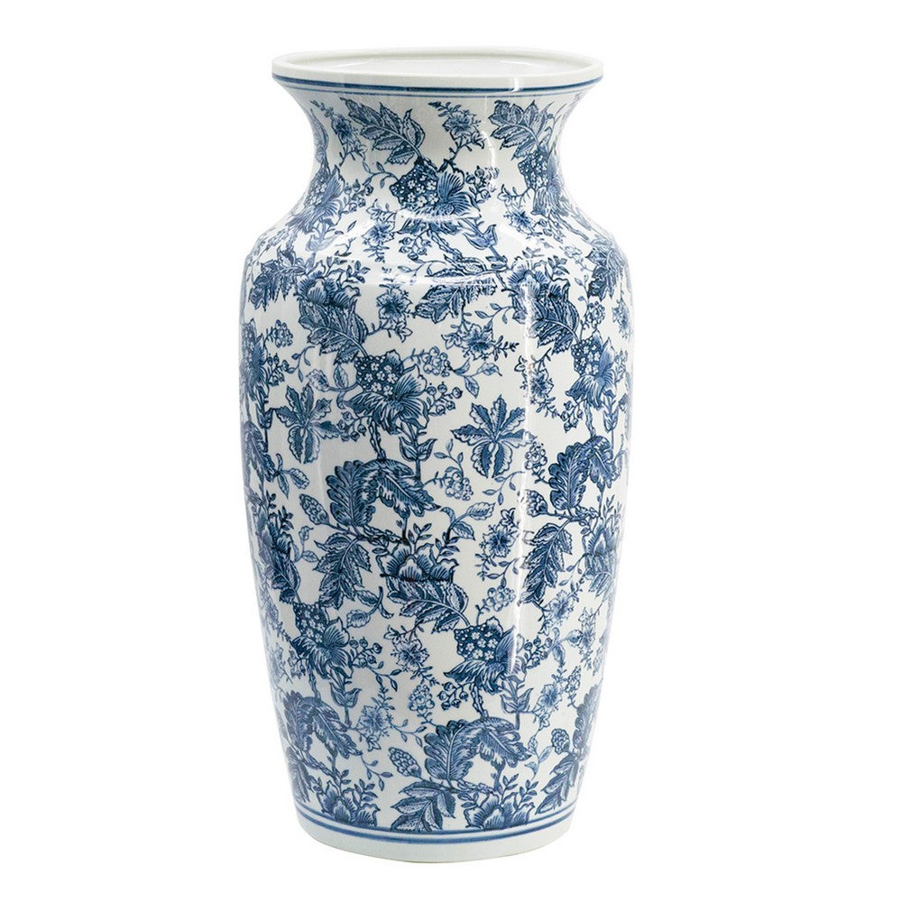 Macy Wide Decorative Vase, Traditional Floral Blue White Porcelain 12 Inch - BM350911