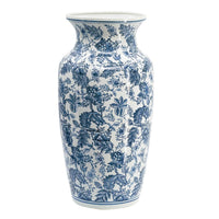 Macy Wide Decorative Vase, Traditional Floral Blue White Porcelain 12 Inch - BM350911