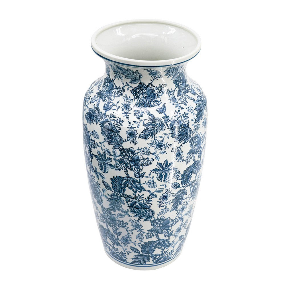 Macy Wide Decorative Vase, Traditional Floral Blue White Porcelain 12 Inch - BM350911