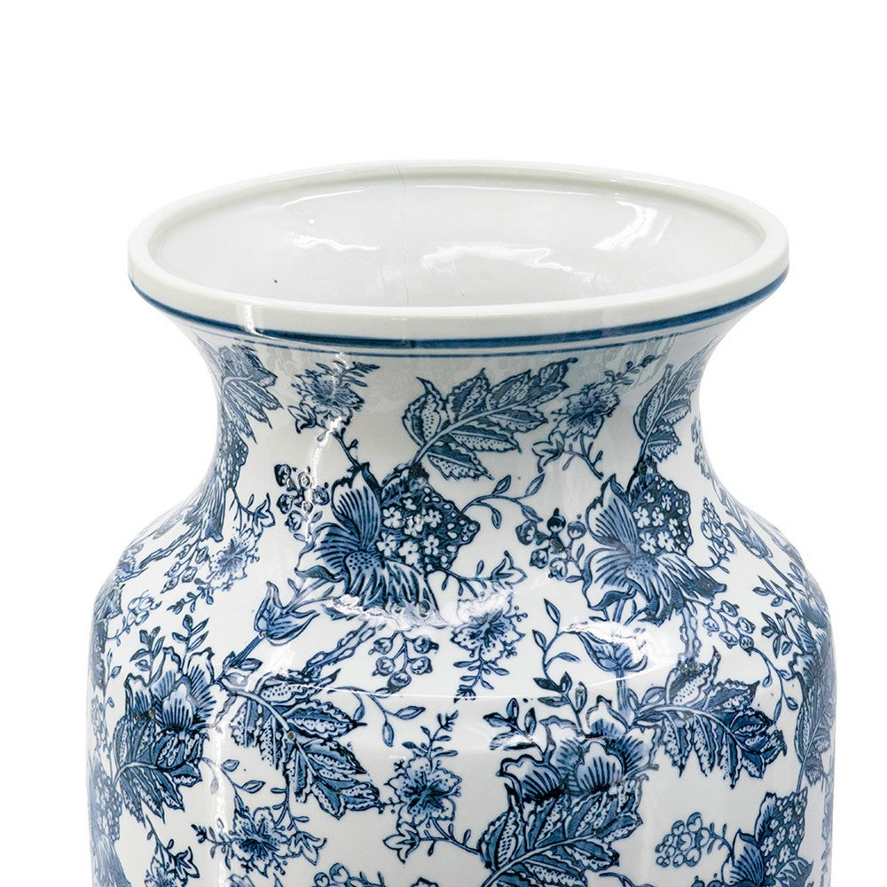 Macy Wide Decorative Vase, Traditional Floral Blue White Porcelain 12 Inch - BM350911