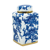 Maxon Lidded Jar, Bird-Floral Motifs, Golden Rim, Blue-White Porcelain 11 Inch - BM350916