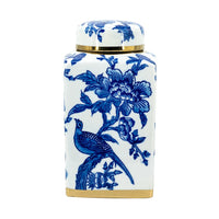 Maxon Lidded Jar, Bird-Floral Motifs, Golden Rim, Blue-White Porcelain 11 Inch - BM350916
