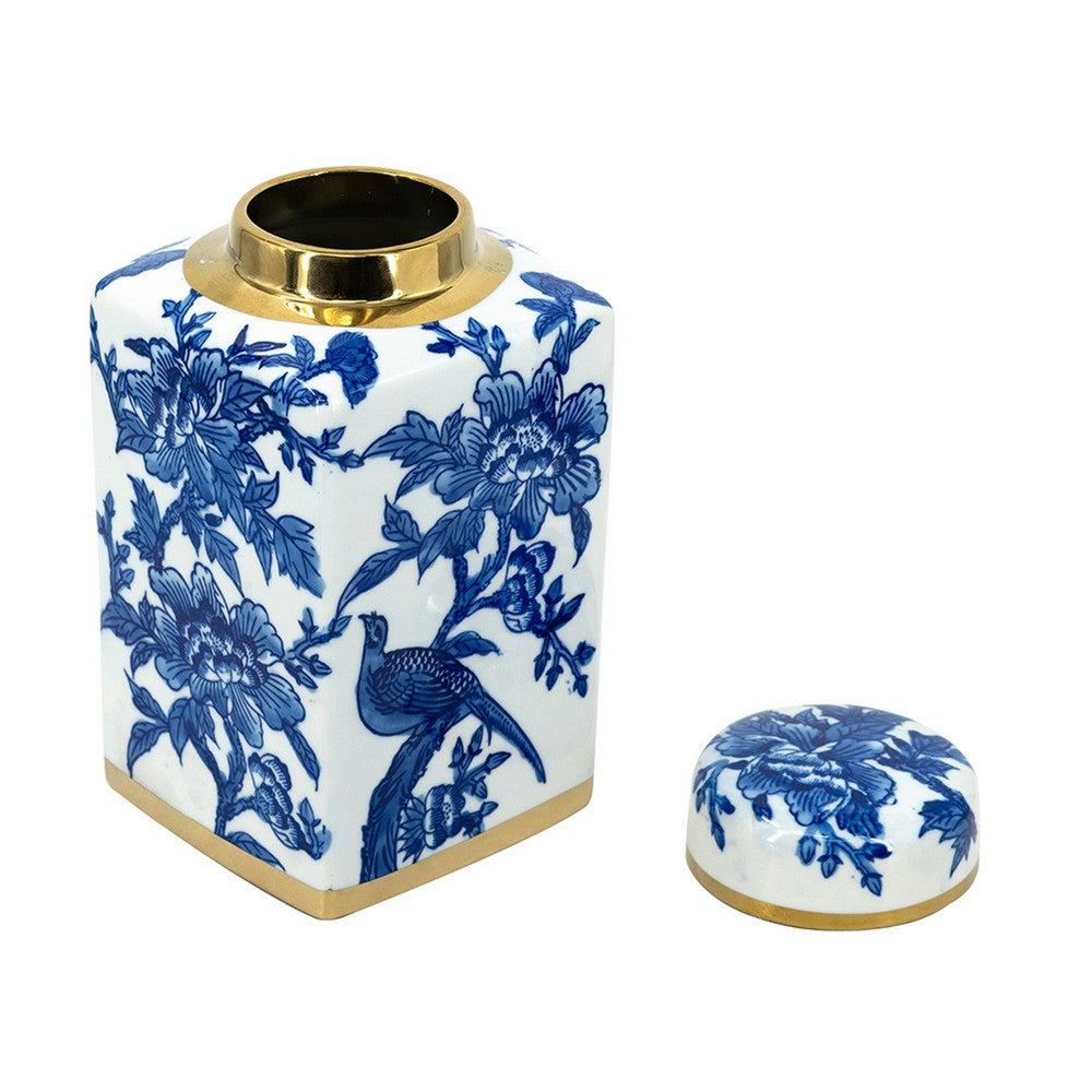 Maxon Lidded Jar, Bird-Floral Motifs, Golden Rim, Blue-White Porcelain 11 Inch - BM350916