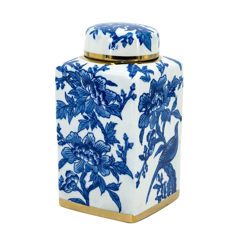 Maxon Lidded Jar, Bird-Floral Motifs, Golden Rim, Blue-White Porcelain 11 Inch - BM350916