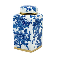 Maxon Lidded Jar, Bird-Floral Motifs, Golden Rim, Blue-White Porcelain 11 Inch - BM350916
