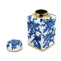 Maxon Lidded Jar, Bird-Floral Motifs, Golden Rim, Blue-White Porcelain 11 Inch - BM350916