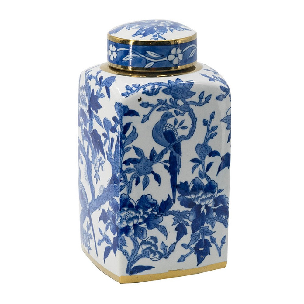 Maxon Lidded Jar, Bird-Floral Motifs, Golden Rim, Blue-White Porcelain 13 Inch - BM350917