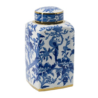 Maxon Lidded Jar, Bird-Floral Motifs, Golden Rim, Blue-White Porcelain 13 Inch - BM350917