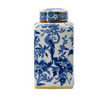 Maxon Lidded Jar, Bird-Floral Motifs, Golden Rim, Blue-White Porcelain 13 Inch - BM350917