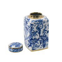 Maxon Lidded Jar, Bird-Floral Motifs, Golden Rim, Blue-White Porcelain 13 Inch - BM350917
