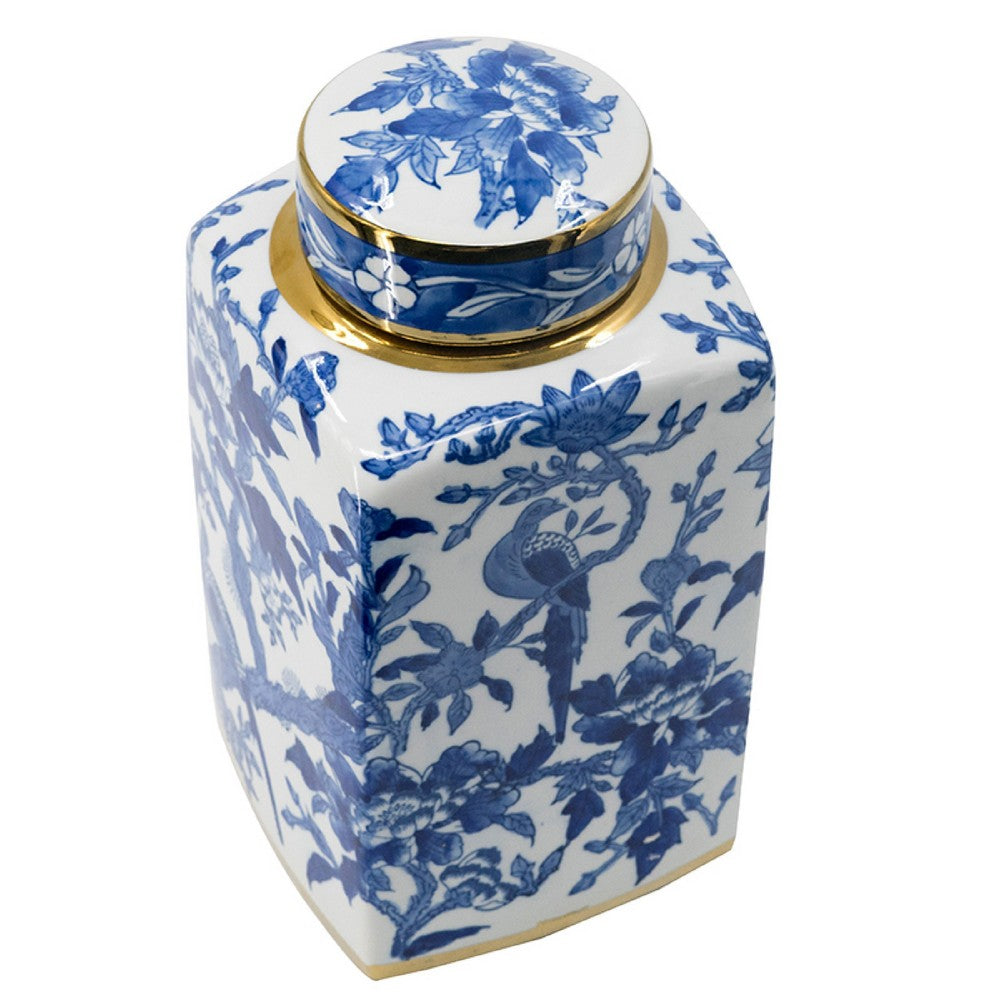 Maxon Lidded Jar, Bird-Floral Motifs, Golden Rim, Blue-White Porcelain 13 Inch - BM350917