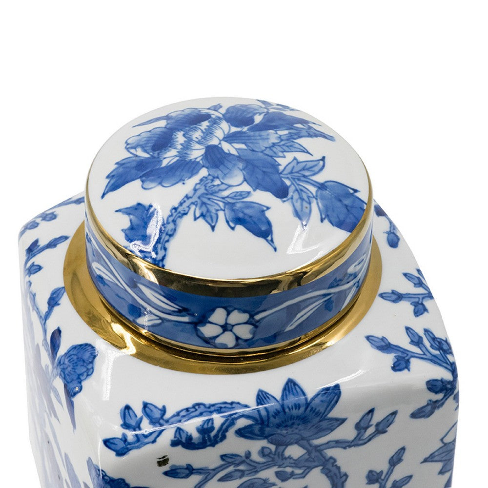 Maxon Lidded Jar, Bird-Floral Motifs, Golden Rim, Blue-White Porcelain 13 Inch - BM350917