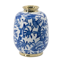 Wyatt Accent Vase, Floral Pattern Gold Rim White-Blue Porcelain 11 Inch - BM350918