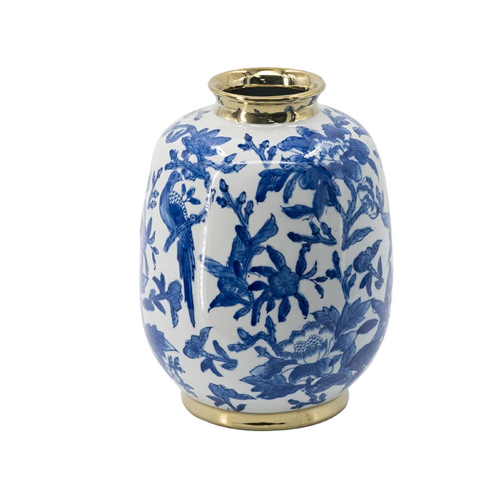 Wyatt Accent Vase, Floral Pattern Gold Rim White-Blue Porcelain 11 Inch - BM350918