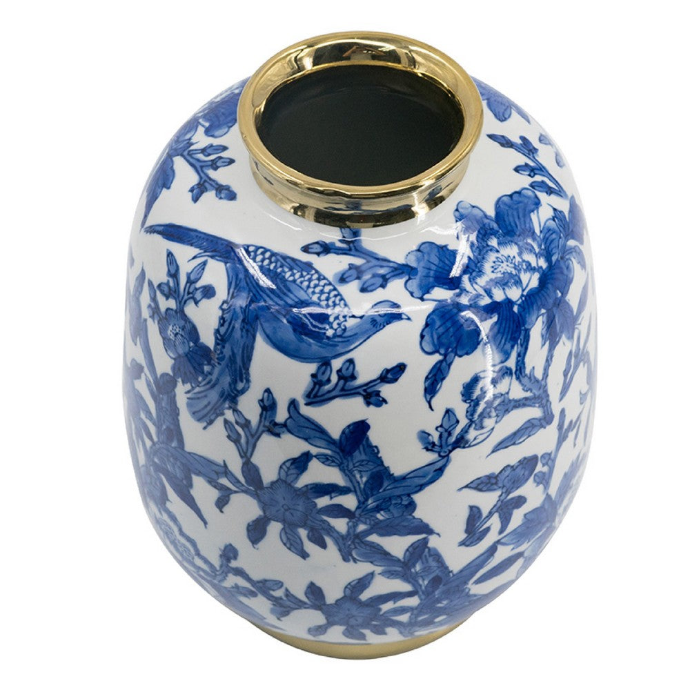 Wyatt Accent Vase, Floral Pattern Gold Rim White-Blue Porcelain 11 Inch - BM350918