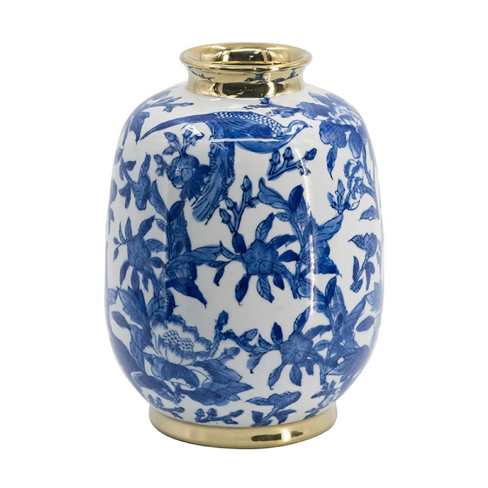 Wyatt Accent Vase, Floral Pattern Gold Rim White-Blue Porcelain 11 Inch - BM350918
