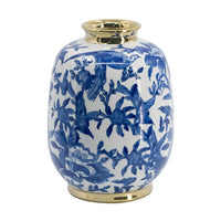 Wyatt Accent Vase, Floral Pattern Gold Rim White-Blue Porcelain 11 Inch - BM350918