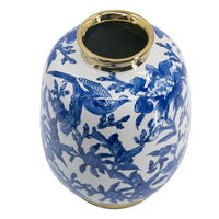 Wyatt Accent Vase, Floral Pattern Gold Rim White-Blue Porcelain 11 Inch - BM350918