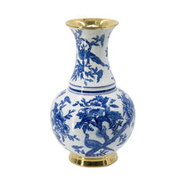 Wyatt Flower Vase, Floral Pattern Gold Rim White-Blue Porcelain 16 Inch - BM350919