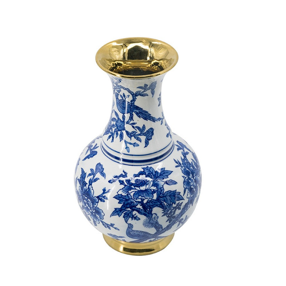 Wyatt Flower Vase, Floral Pattern Gold Rim White-Blue Porcelain 16 Inch - BM350919