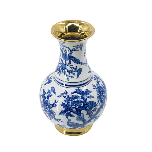 Wyatt Flower Vase, Floral Pattern Gold Rim White-Blue Porcelain 16 Inch - BM350919