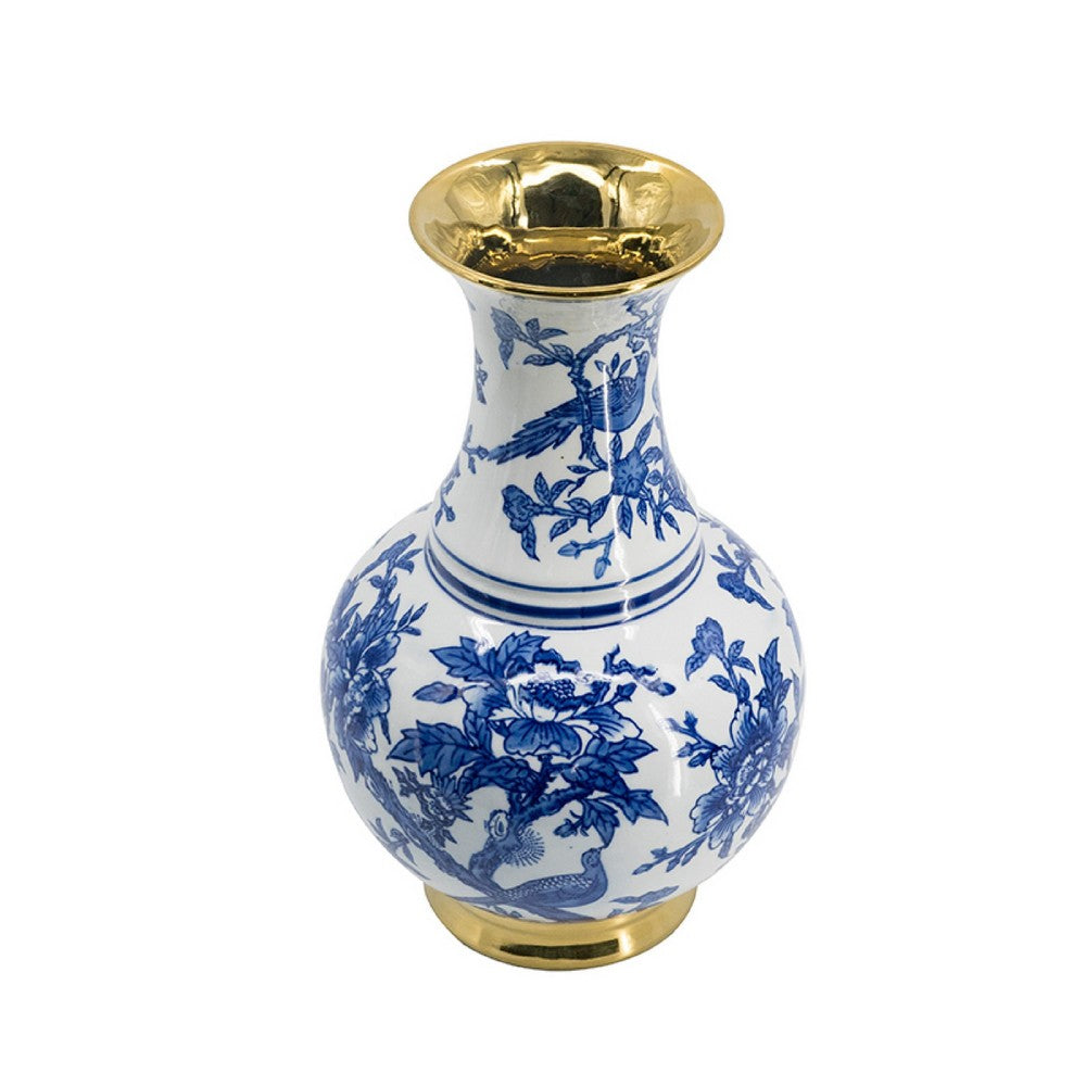 Wyatt Flower Vase, Floral Pattern Gold Rim White-Blue Porcelain 16 Inch - BM350919