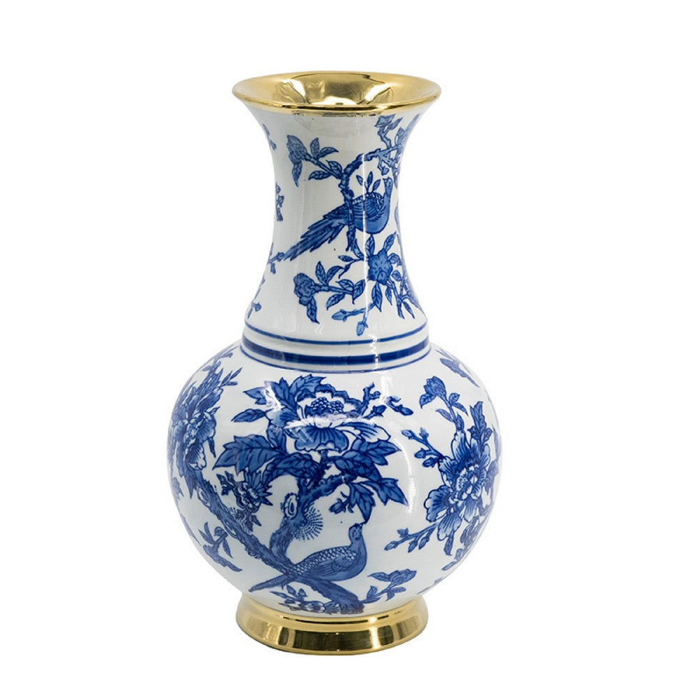 Wyatt Flower Vase, Floral Pattern Gold Rim White-Blue Porcelain 16 Inch - BM350919