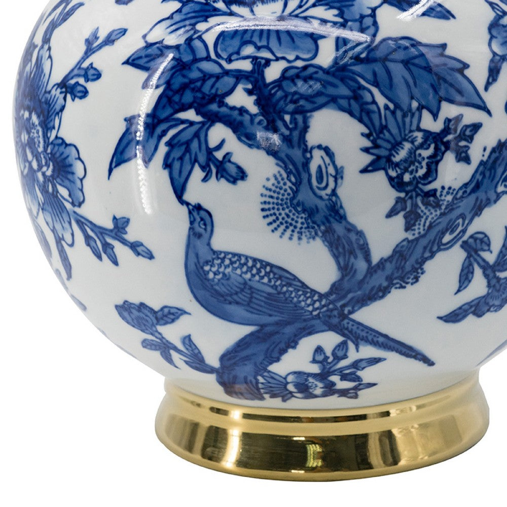 Wyatt Flower Vase, Floral Pattern Gold Rim White-Blue Porcelain 16 Inch - BM350919