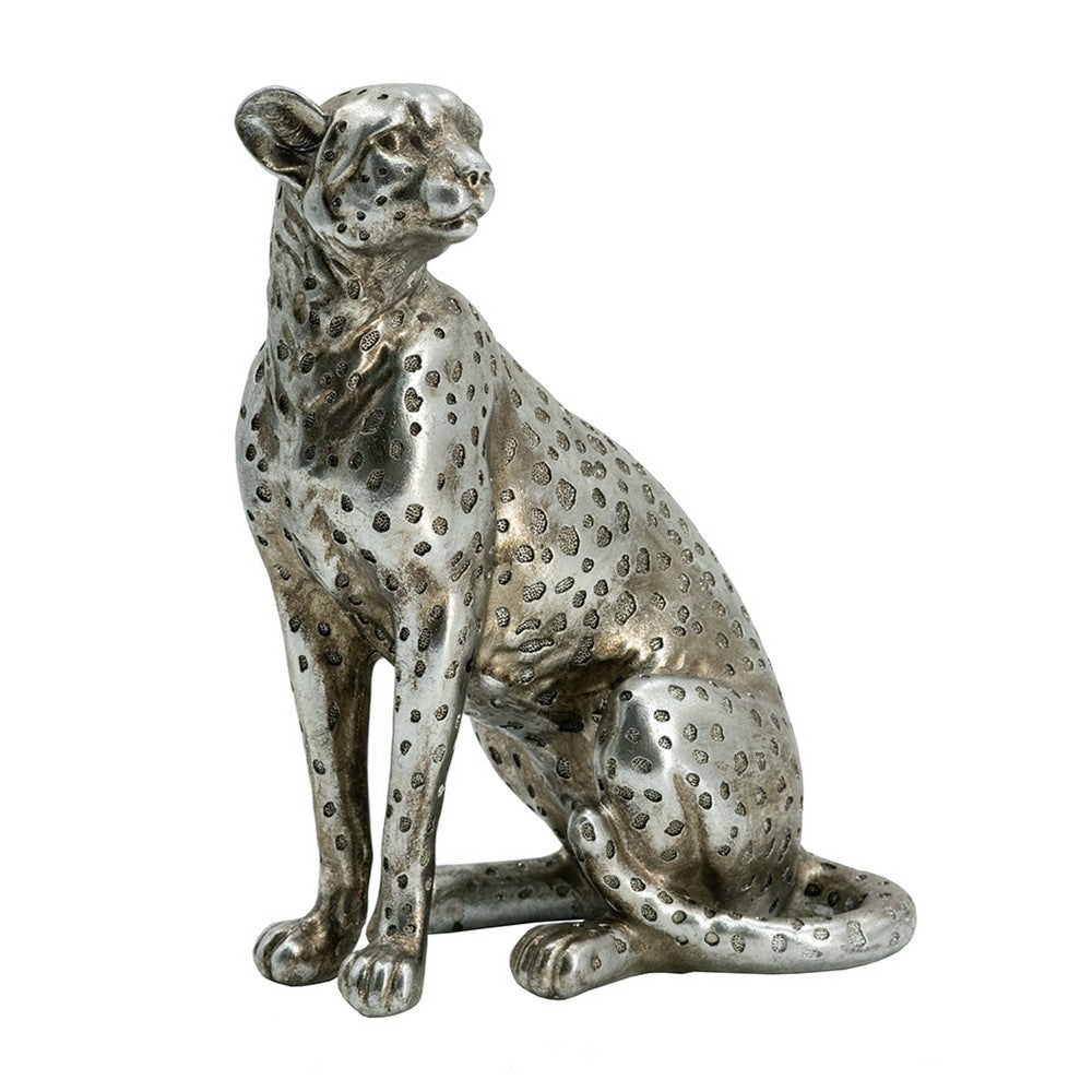 Wendy Sitting Leopard Figurine, Stone Powder-Resin, Metallic Silver 9 Inch - BM350923