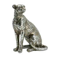 Wendy Sitting Leopard Figurine, Stone Powder-Resin, Metallic Silver 9 Inch - BM350923
