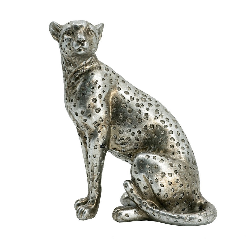 Wendy Sitting Leopard Figurine, Stone Powder-Resin, Metallic Silver 9 Inch - BM350923