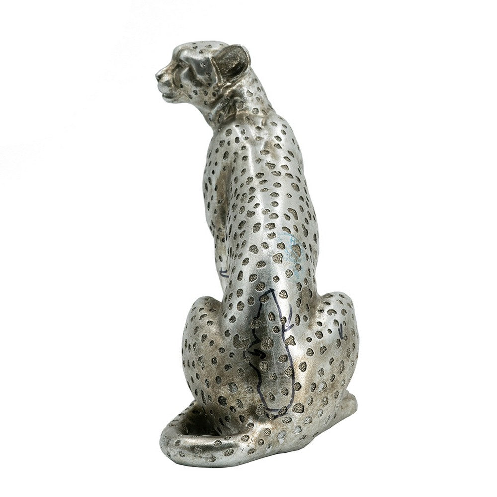 Wendy Sitting Leopard Figurine, Stone Powder-Resin, Metallic Silver 9 Inch - BM350923