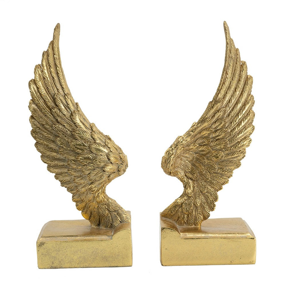 Paula 2pc Wing Bookends, Carved Feather Details, Gold Resin-Stone 9 Inch - BM350926