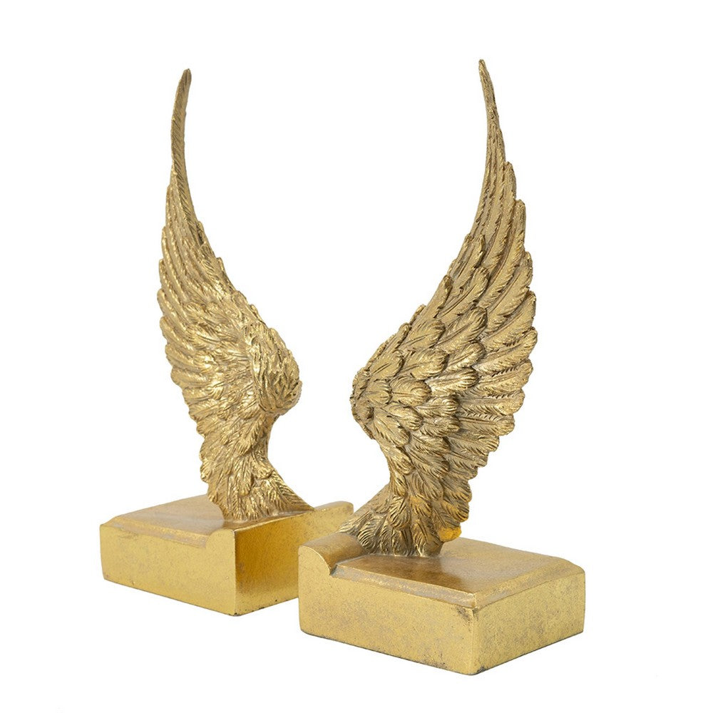 Paula 2pc Wing Bookends, Carved Feather Details, Gold Resin-Stone 9 Inch - BM350926