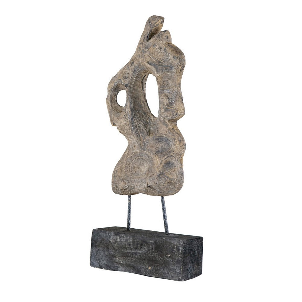 Poppy Abstract Table Accent, Carved Details, Brown Paulownia Wood 31 Inch - BM350930