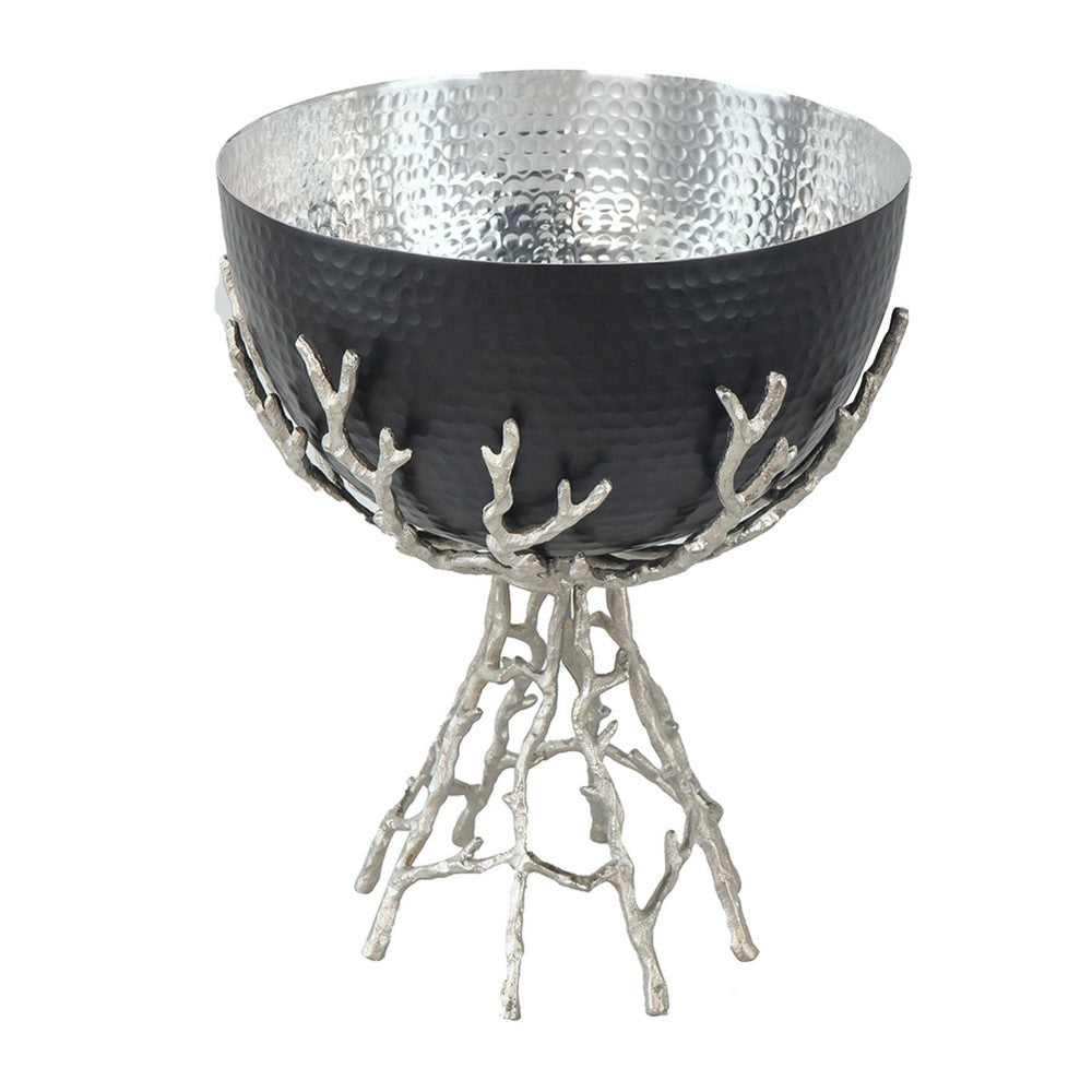 Elsie Hammered Decorative Bowl, Nickel Twig Base, Black Aluminum 14 Inch - BM350936