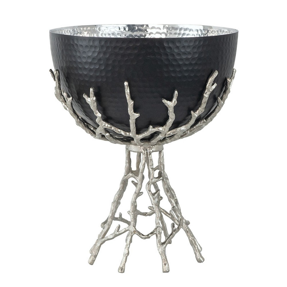Elsie Hammered Decorative Bowl, Nickel Twig Base, Black Aluminum 14 Inch - BM350936