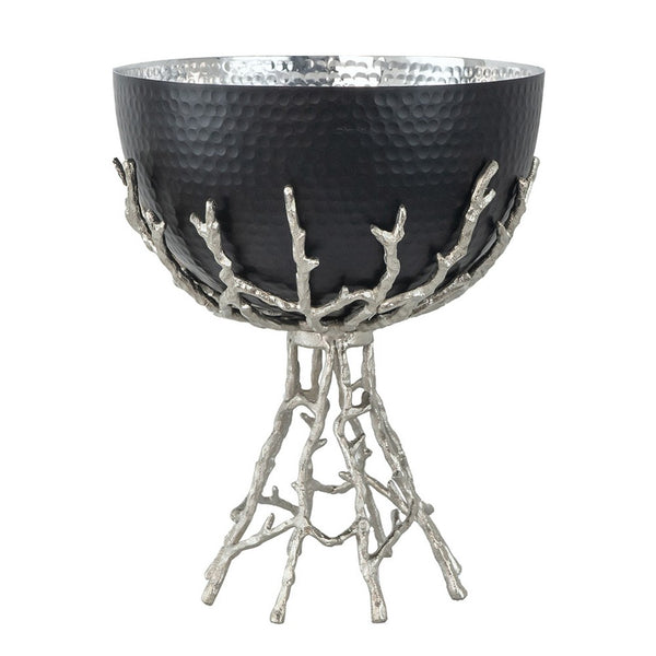 Elsie Hammered Decorative Bowl, Nickel Twig Base, Black Aluminum 14 Inch - BM350936