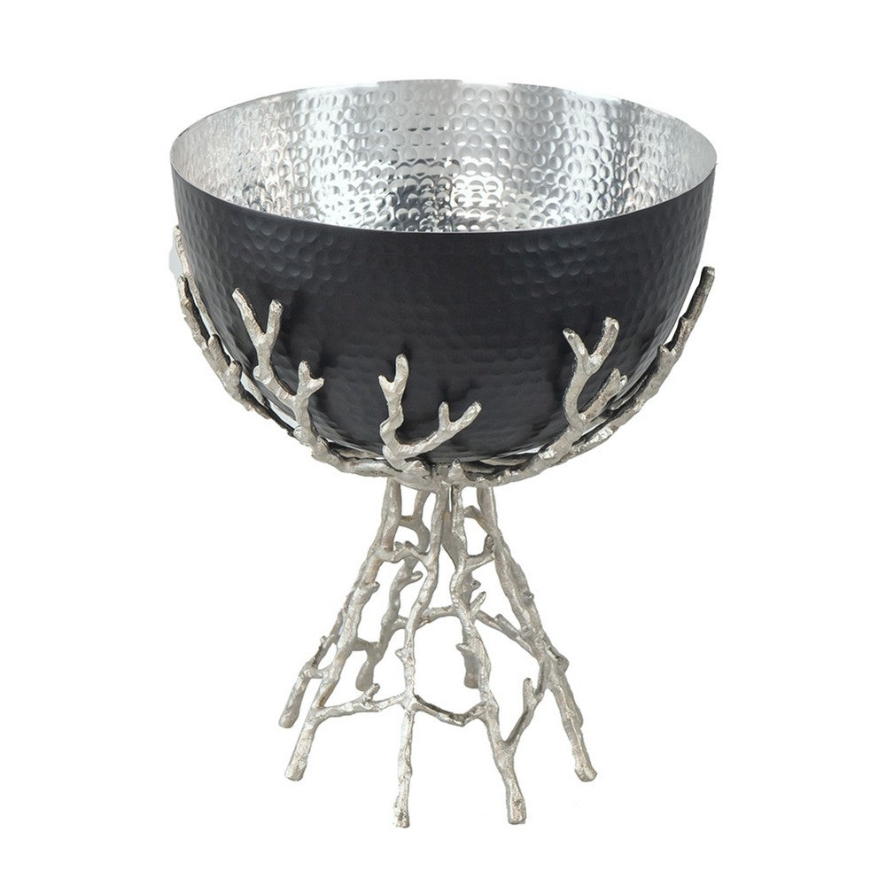 Elsie Hammered Decorative Bowl, Nickel Twig Base, Black Aluminum 14 Inch - BM350936
