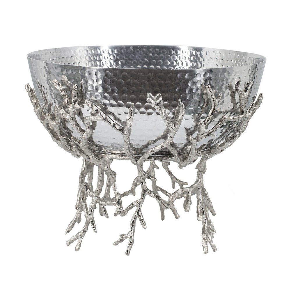 Elsie Hammered Decorative Bowl, Nickel Twig Base, Silver Aluminum 11 Inch - BM350937