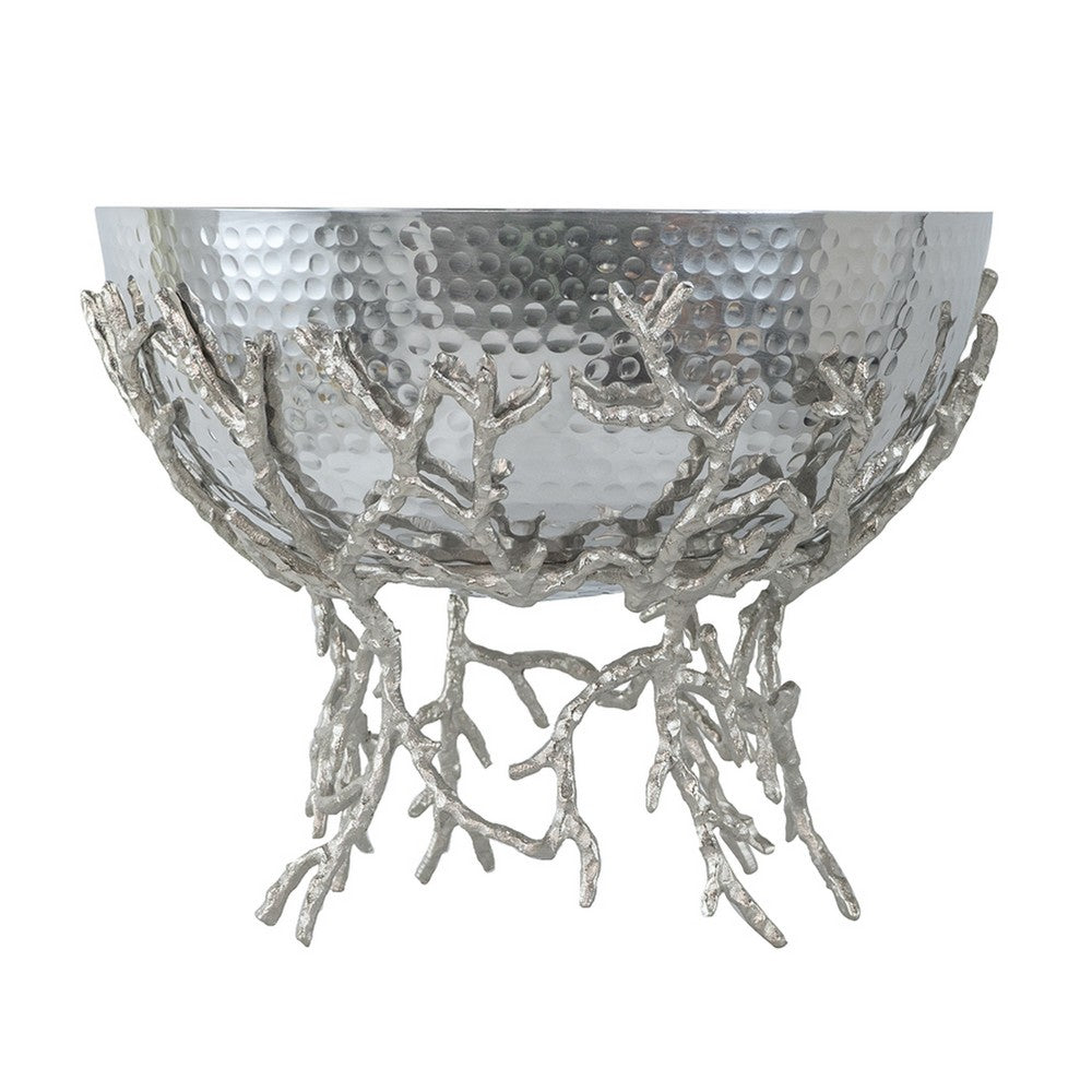 Elsie Hammered Decorative Bowl, Nickel Twig Base, Silver Aluminum 11 Inch - BM350937