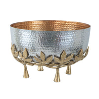 Diane Hammered Bowl with Raised Floral Stand, Silver-Gold Aluminum 13 Inch - BM350938