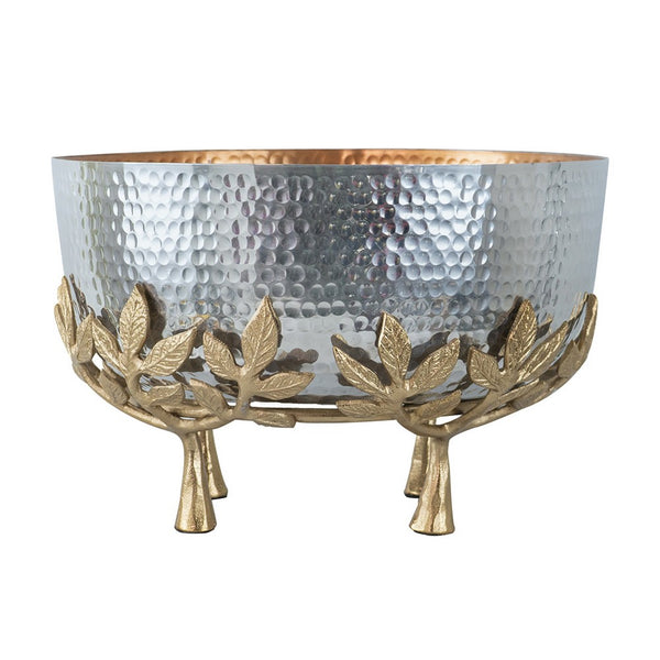 Diane Hammered Bowl with Raised Floral Stand, Silver-Gold Aluminum 13 Inch - BM350938