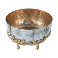 Diane Hammered Bowl with Raised Floral Stand, Silver-Gold Aluminum 13 Inch - BM350938